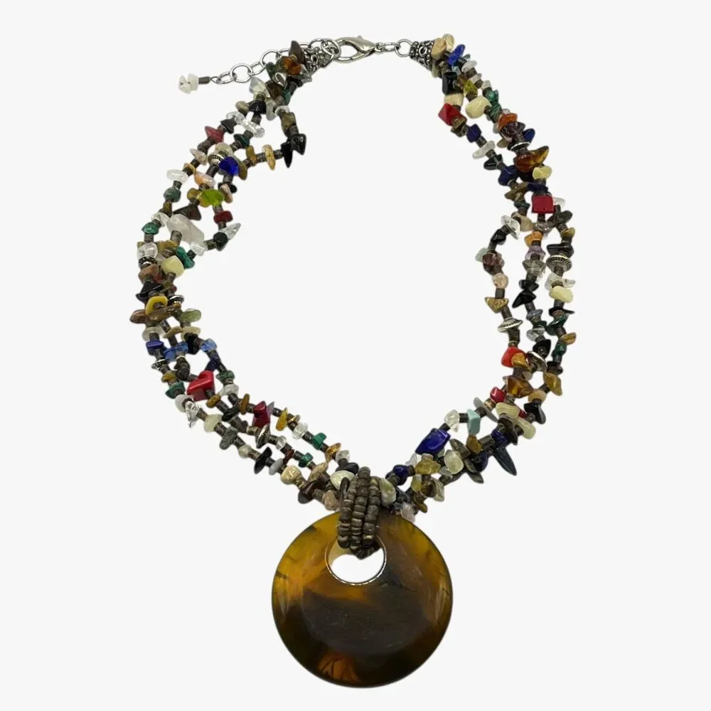 Boho Multi Gemstone Necklace Chunky Resin Pendant Layered Nugget Statement